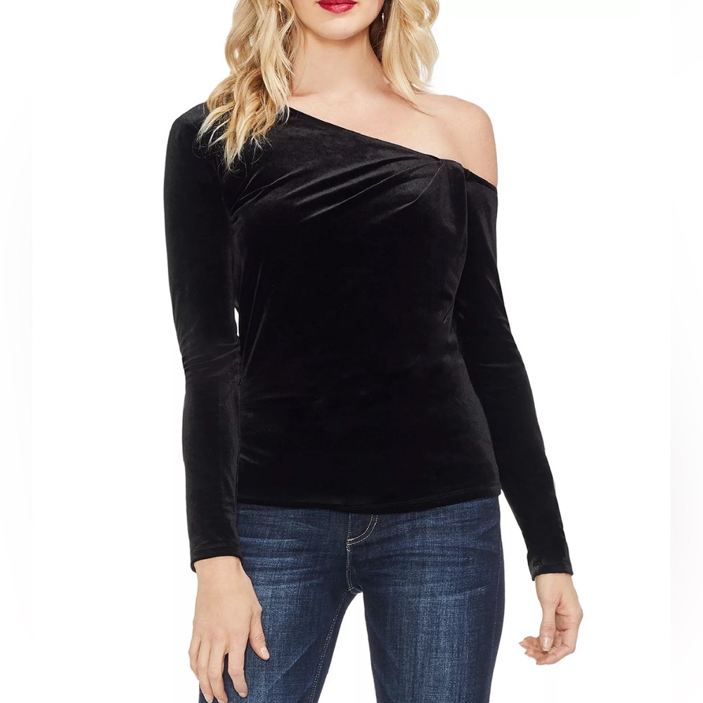 Vince Camuto Black Velvet Long Sleeve One Shoulder Top, Size Medium, NWT